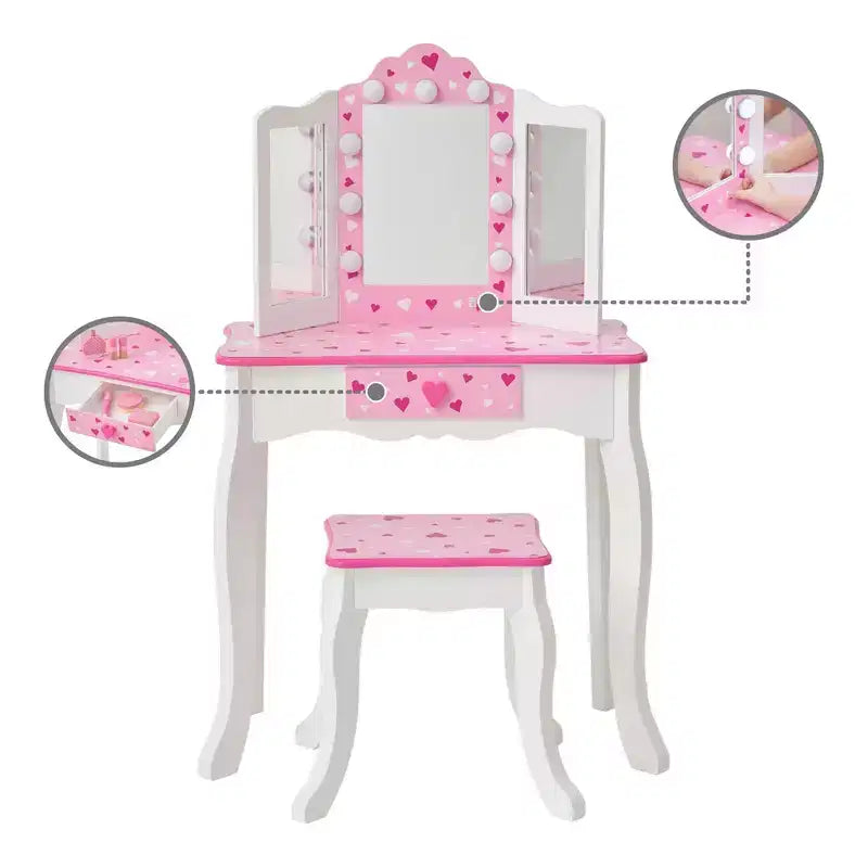 Coiffeuse pour enfants avec miroir LED et tabouret - Blanc/Rose