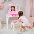 Coiffeuse pour enfants avec miroir LED et tabouret - Blanc/Rose