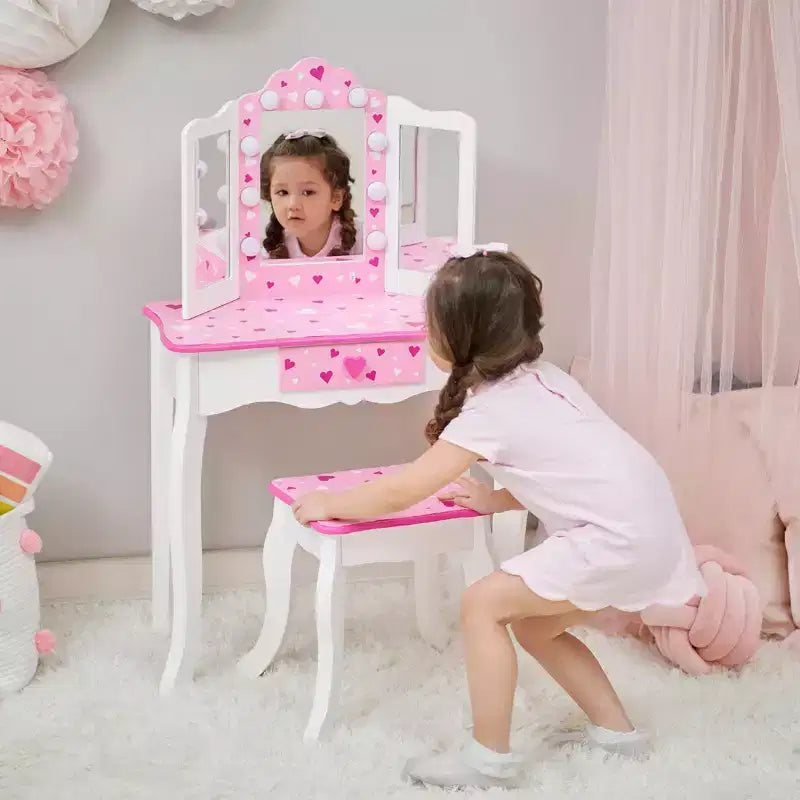 Coiffeuse pour enfants avec miroir LED et tabouret - Blanc/Rose