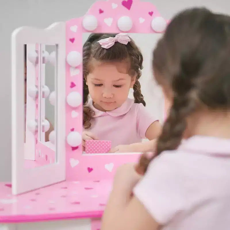Coiffeuse pour enfants avec miroir LED et tabouret - Blanc/Rose