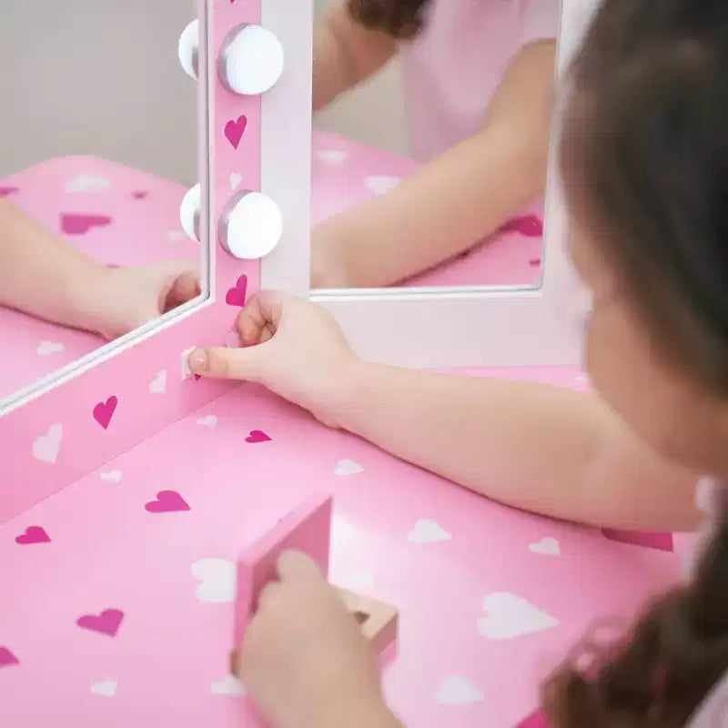 Coiffeuse pour enfants avec miroir LED et tabouret - Blanc/Rose