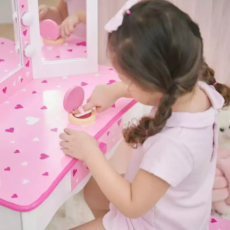 Coiffeuse pour enfants avec miroir LED et tabouret - Blanc/Rose