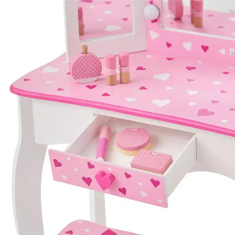 Coiffeuse pour enfants avec miroir LED et tabouret - Blanc/Rose
