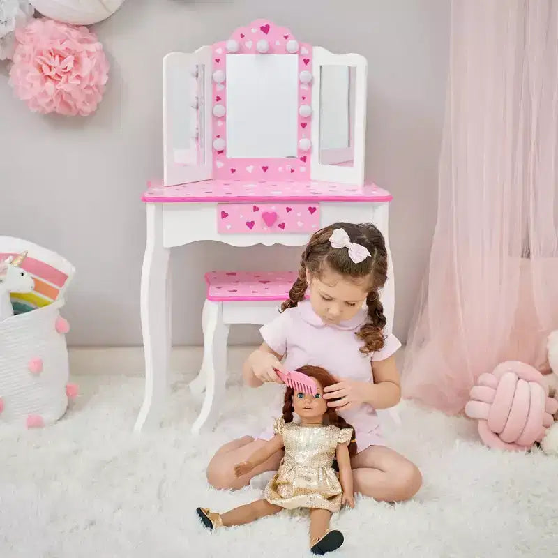 Coiffeuse pour enfants avec miroir LED et tabouret - Blanc/Rose