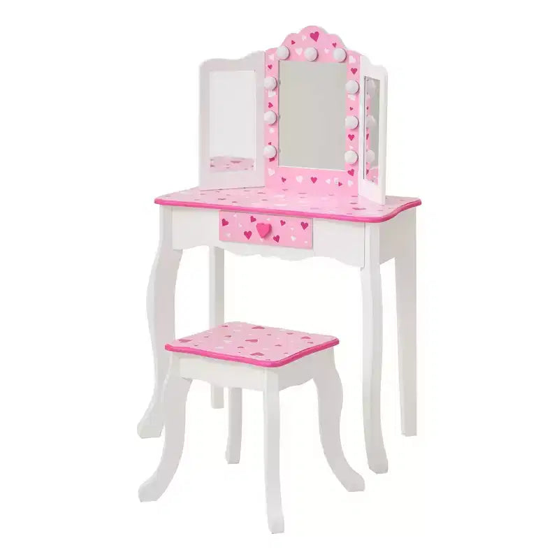 Coiffeuse pour enfants avec miroir LED et tabouret - Blanc/Rose