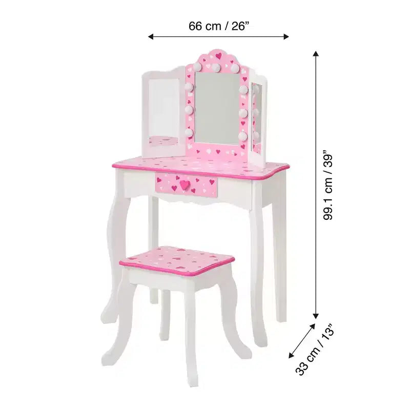 Coiffeuse pour enfants avec miroir LED et tabouret - Blanc/Rose