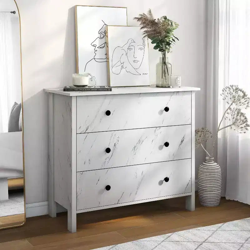 Fichte Transitional 3 Drawer Faux Marble Dresser White Marble - miBasics: Elegant Storage, MDF & Particle Board Construction