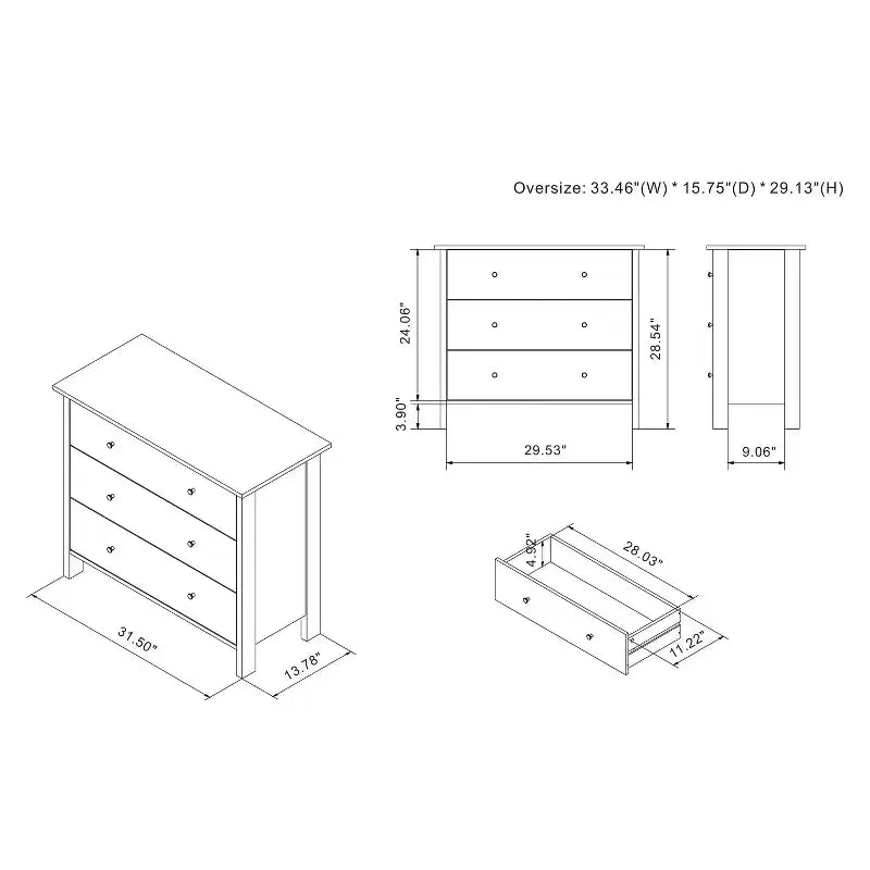 Commode à 3 tiroirs Fichte – Fini imitation marbre blanc
