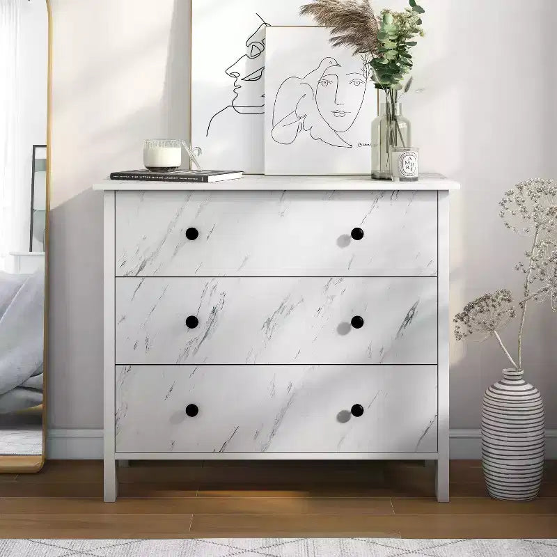 Commode à 3 tiroirs Fichte – Fini imitation marbre blanc