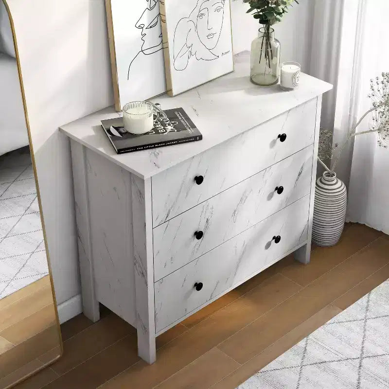 Commode à 3 tiroirs Fichte – Fini imitation marbre blanc