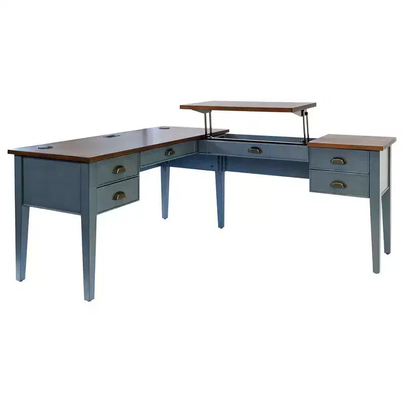 Bureau d'angle avec piédestal - Bleu, port USB et station de charge