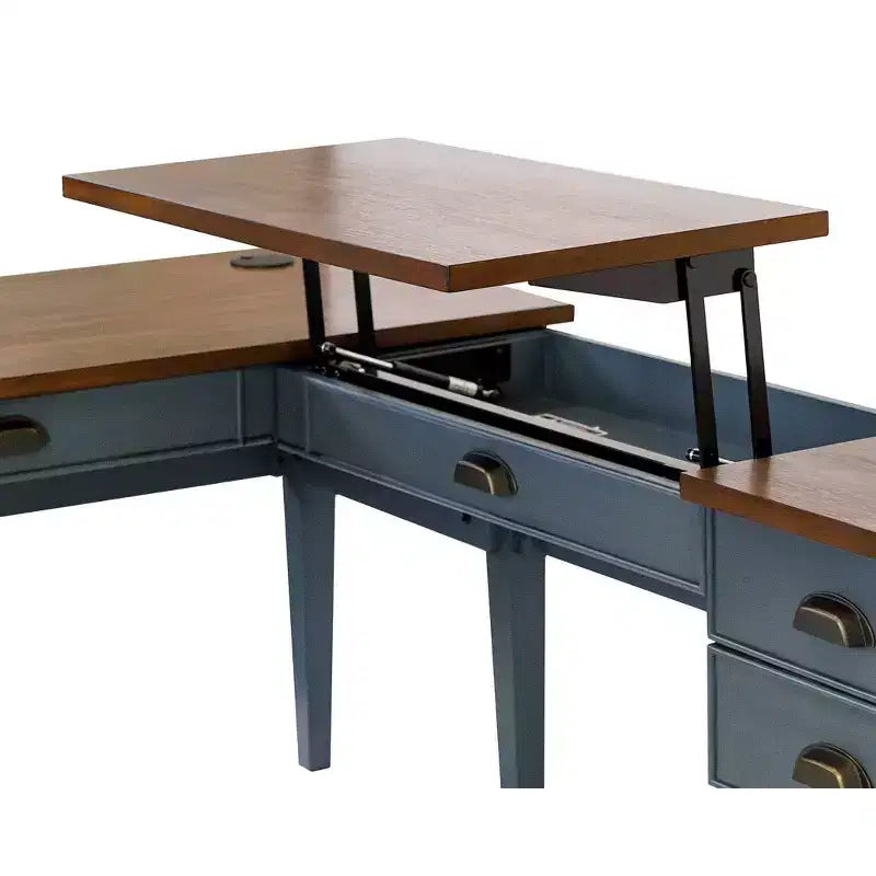 Bureau d'angle avec piédestal - Bleu, port USB et station de charge