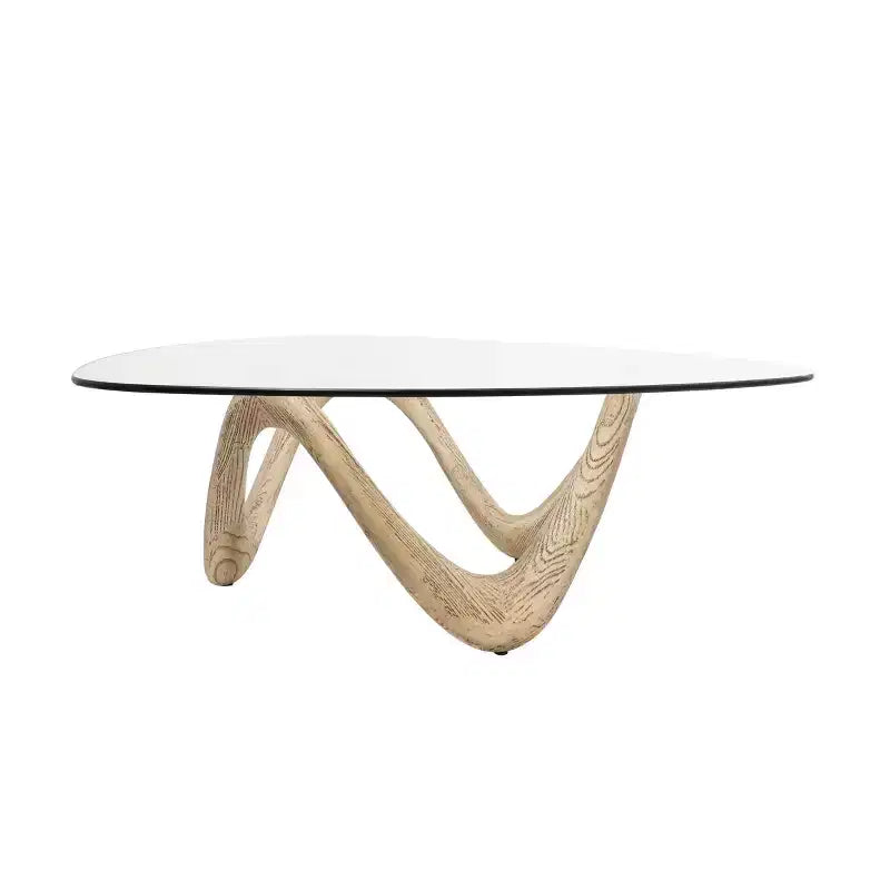 Table basse abstraite en ciment - Plateau triangulaire en verre, beige