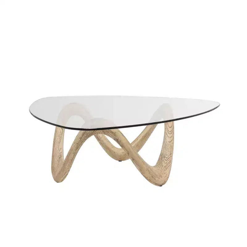 Table basse abstraite en ciment - Plateau triangulaire en verre, beige