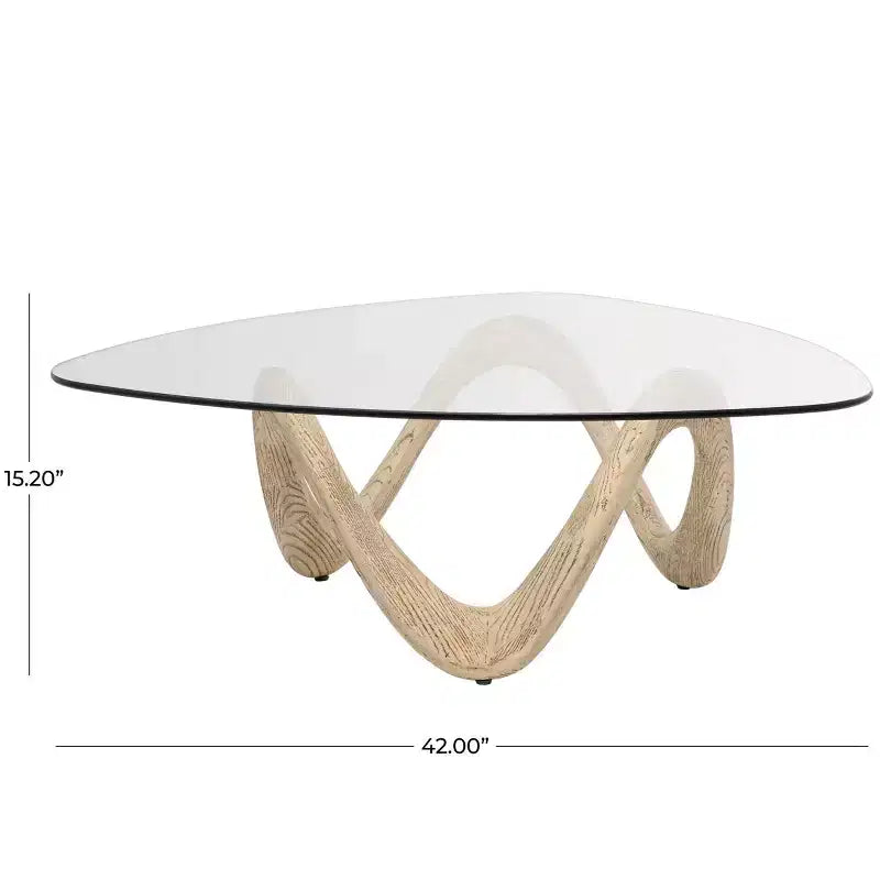 Table basse abstraite en ciment - Plateau triangulaire en verre, beige