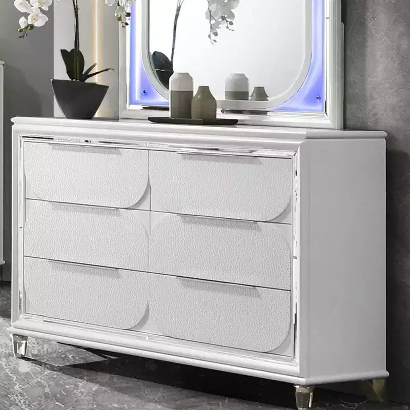 Commode 6 tiroirs de 64 pouces - Blanc Perle, assemblage à queue d'aronde