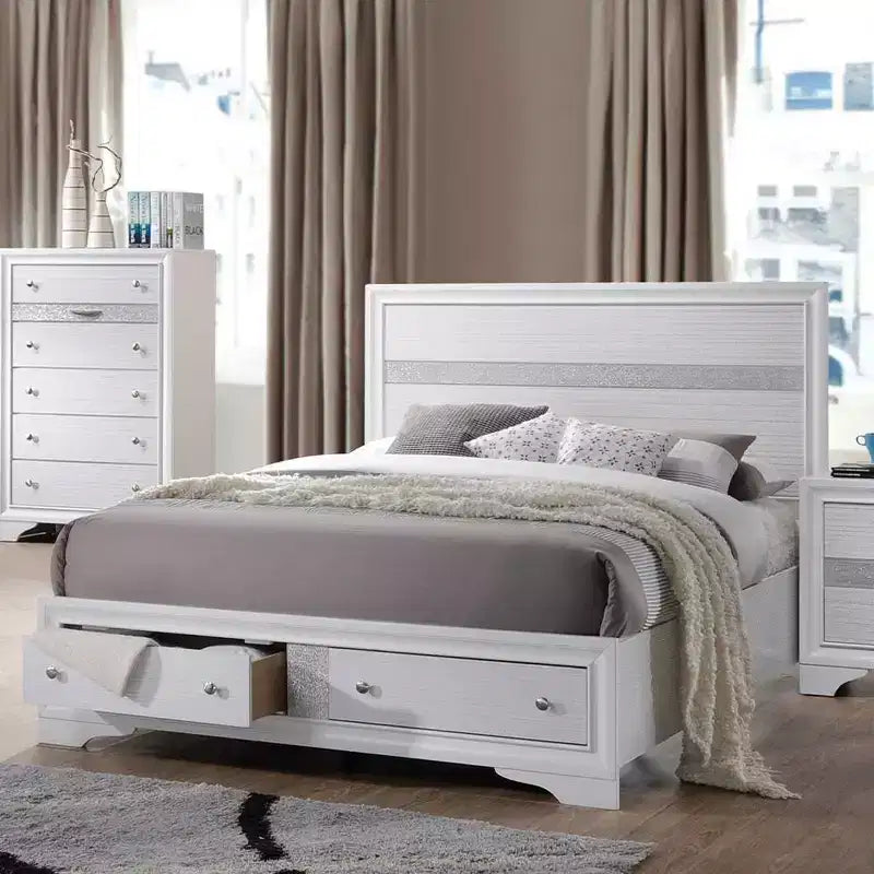 Lit plateforme de rangement Queen de 84 pouces – Fini blanc lustré