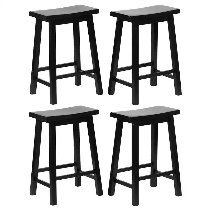 PJ Wood Classic Saddle-Seat 24 Tall Kitchen Counter Stools for Homes, Dining Spaces, and Bars w/Backless Seats, 4 Square Legs, Black (Set of 4)