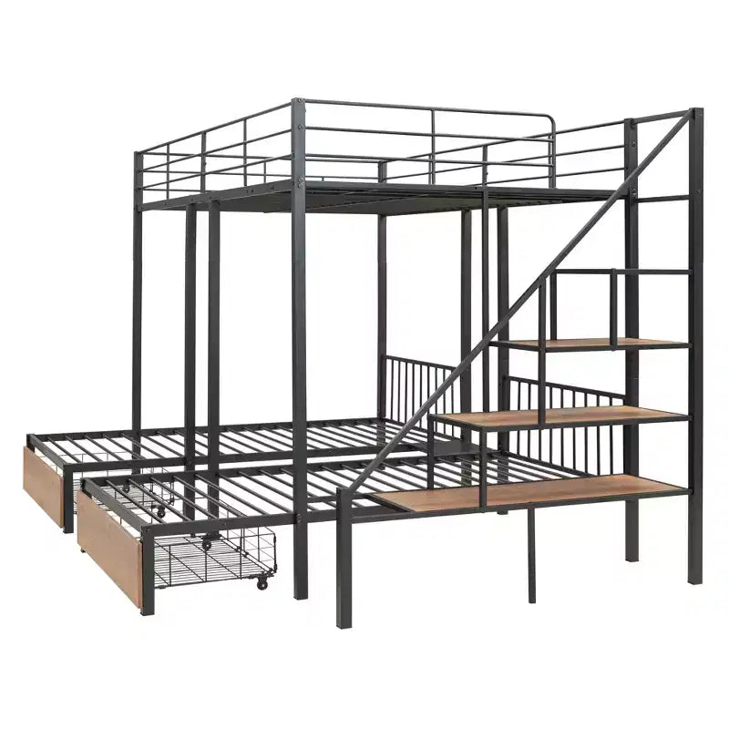 Lit superposé triple avec tiroirs et escalier (grand lit en bas, deux lits simples en haut)