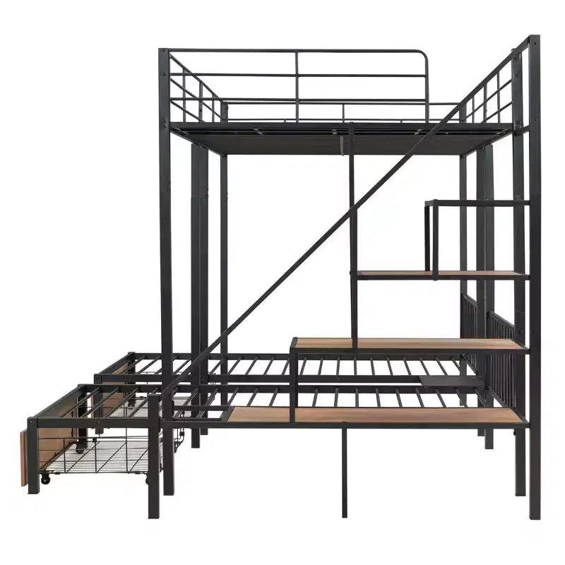 Lit superposé triple avec tiroirs et escalier (grand lit en bas, deux lits simples en haut)