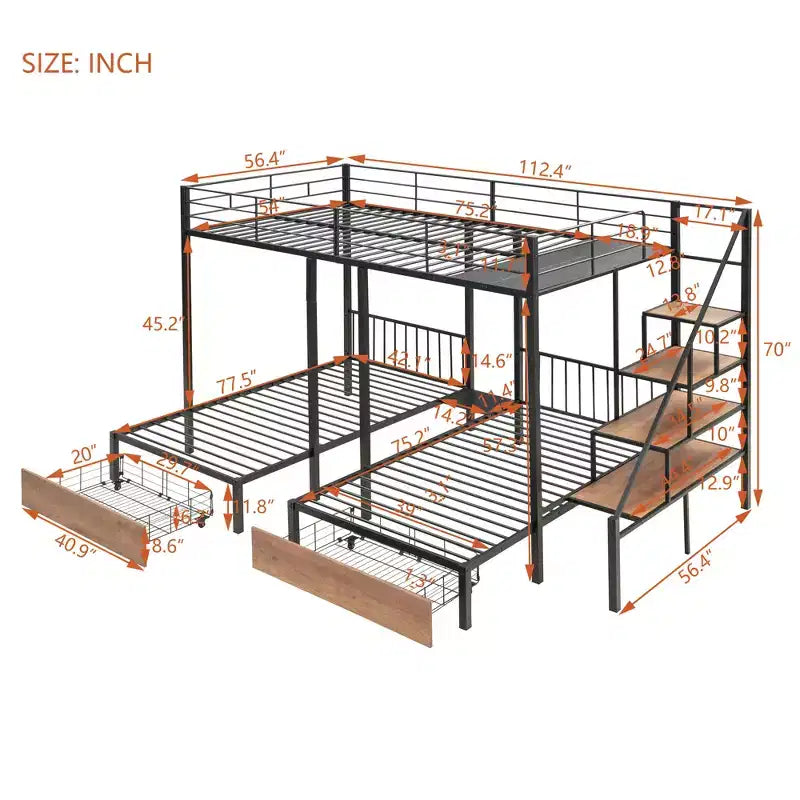 Lit superposé triple avec tiroirs et escalier (grand lit en bas, deux lits simples en haut)