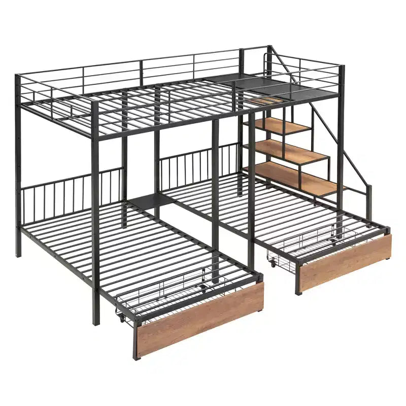 Lit superposé triple avec tiroirs et escalier (grand lit en bas, deux lits simples en haut)
