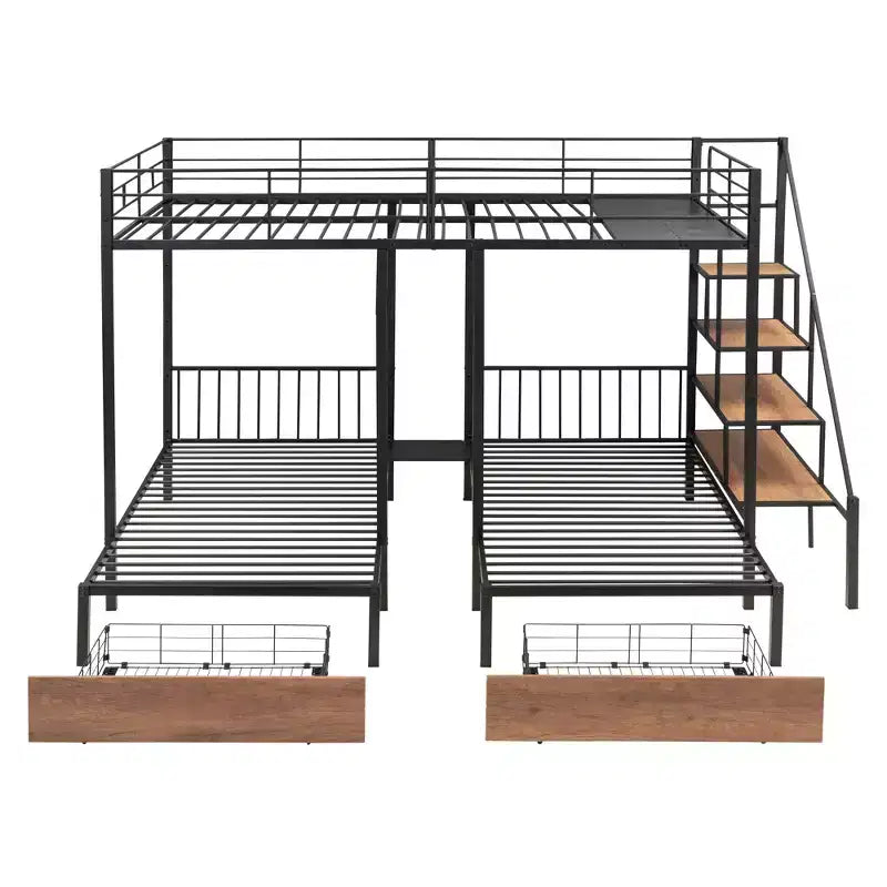 Lit superposé triple avec tiroirs et escalier (grand lit en bas, deux lits simples en haut)