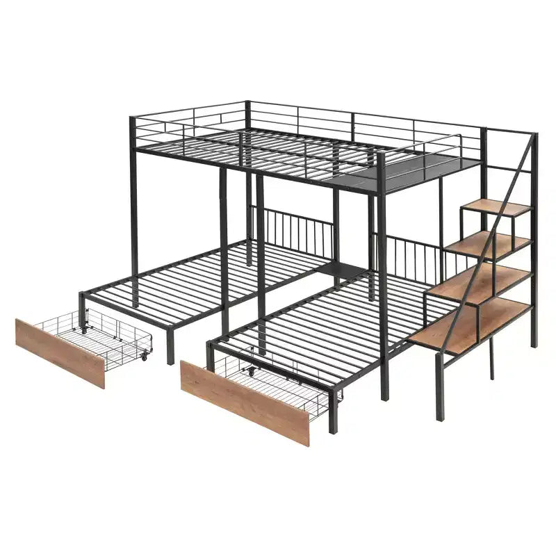 Lit superposé triple avec tiroirs et escalier (grand lit en bas, deux lits simples en haut)