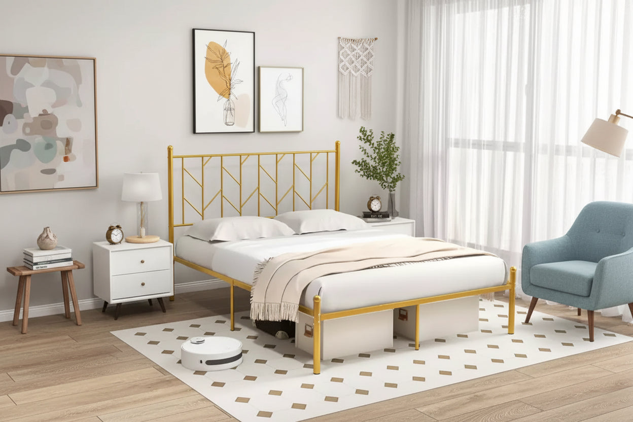 Costway Full/Queen/Twin Size Metal Platform Bed Frame Vintage Headboard Mattress Foundation Gold