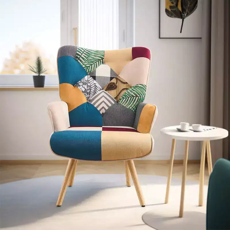 Fauteuil à dossier haut avec pieds en hévéa - Patchwork/Velours