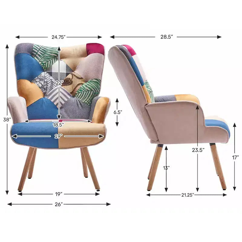 Fauteuil à dossier haut avec pieds en hévéa - Patchwork/Velours