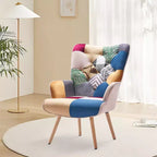 Fauteuil à dossier haut avec pieds en hévéa - Patchwork/Velours