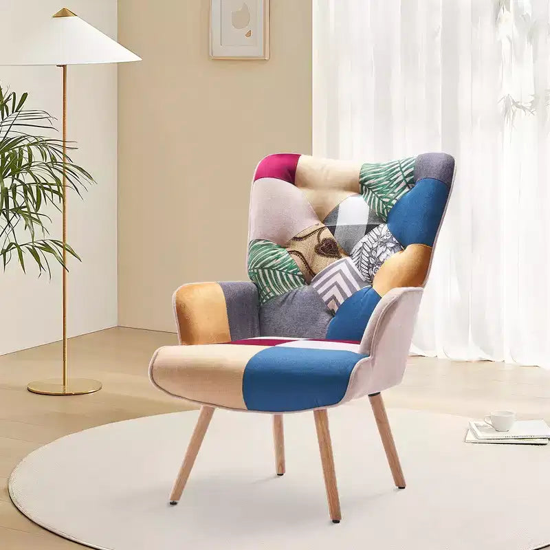 Fauteuil à dossier haut avec pieds en hévéa - Patchwork/Velours