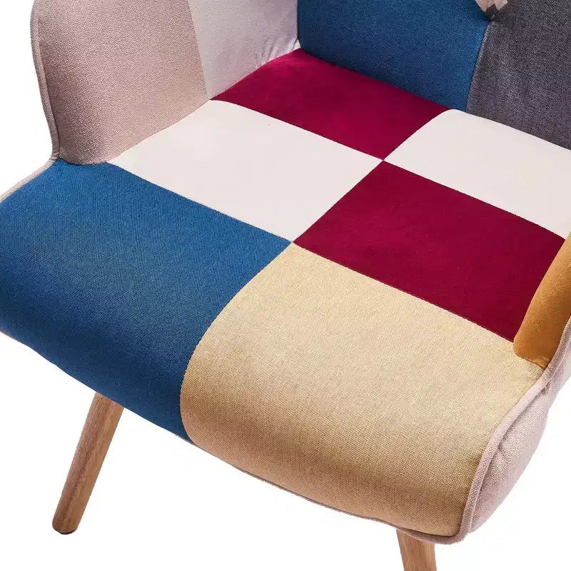Fauteuil à dossier haut avec pieds en hévéa - Patchwork/Velours