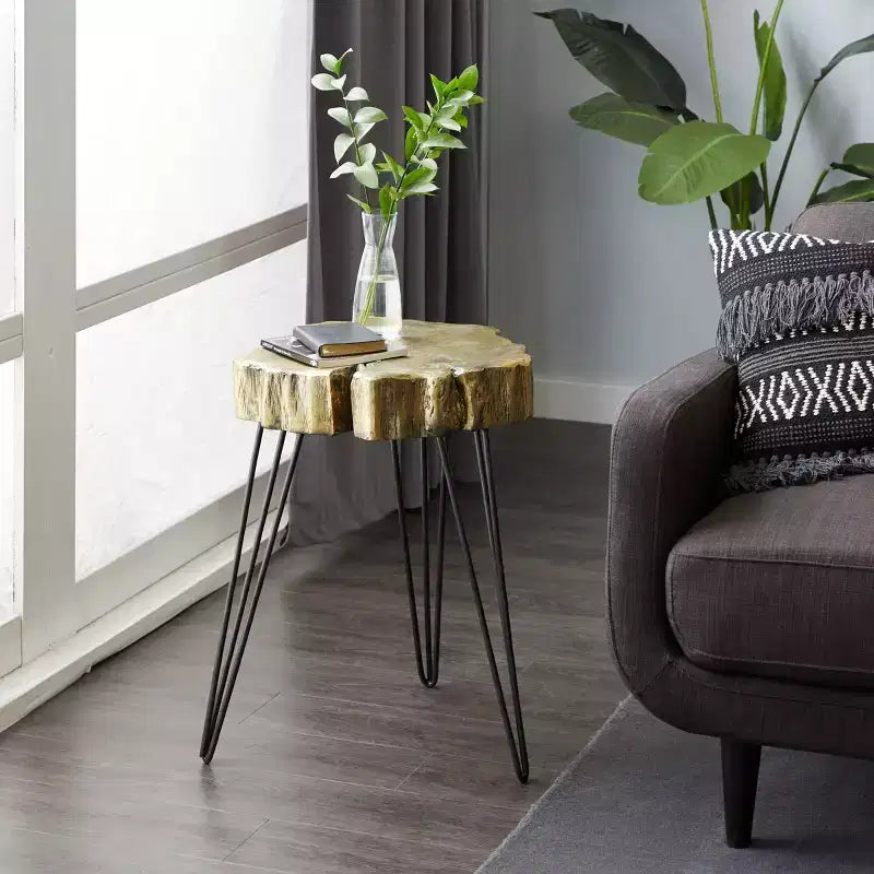 Table d'appoint ronde moderne en polystone et métal - Or et noir