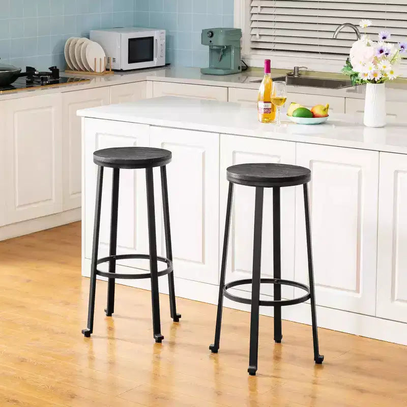 Tabourets de bar en acier (lot de 2) avec plateau rond en bois d'orme – 74 cm