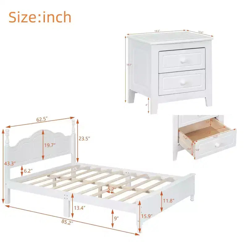 Ensemble de chambre 3 pièces - Lit plateforme Queen/Full et 2 tables de chevet
