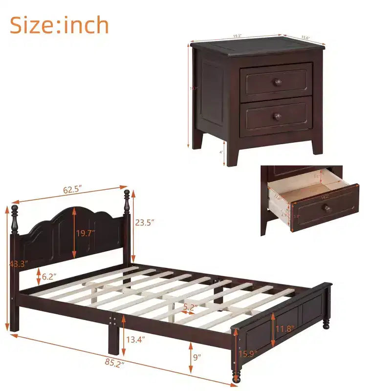 Ensemble de chambre 3 pièces - Lit plateforme Queen/Full et 2 tables de chevet