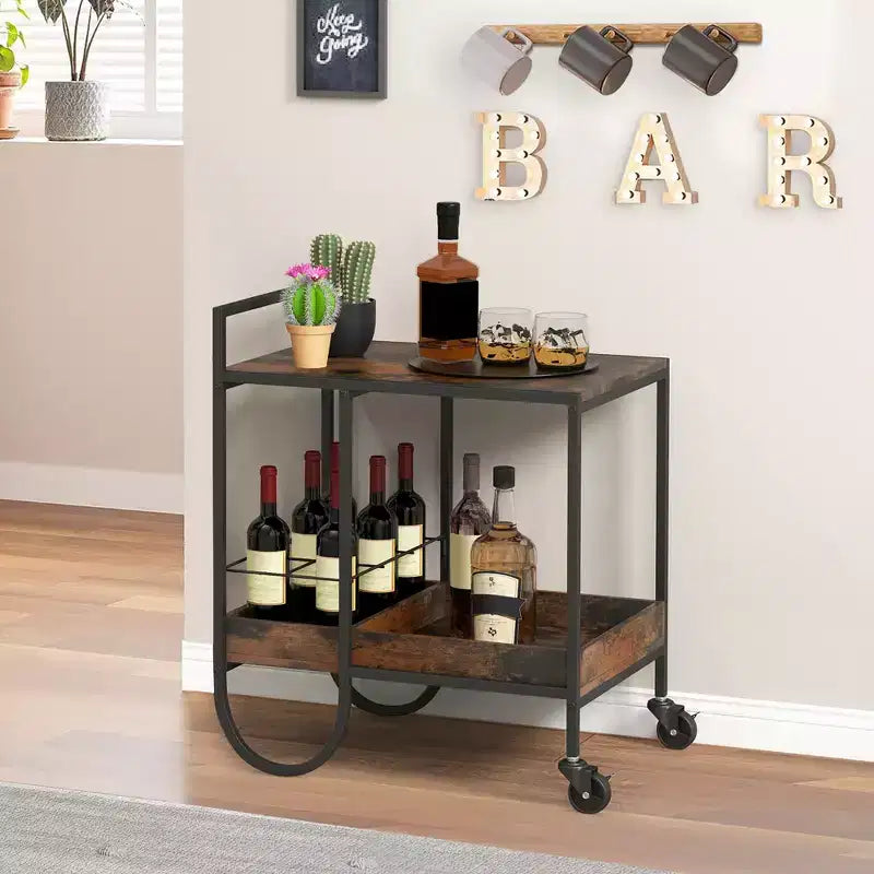 Desserte industrielle à roulettes avec casier à vin amovible – Marron rustique