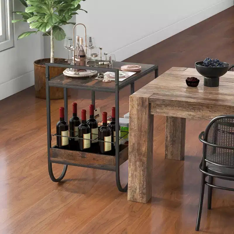 Desserte industrielle à roulettes avec casier à vin amovible – Marron rustique
