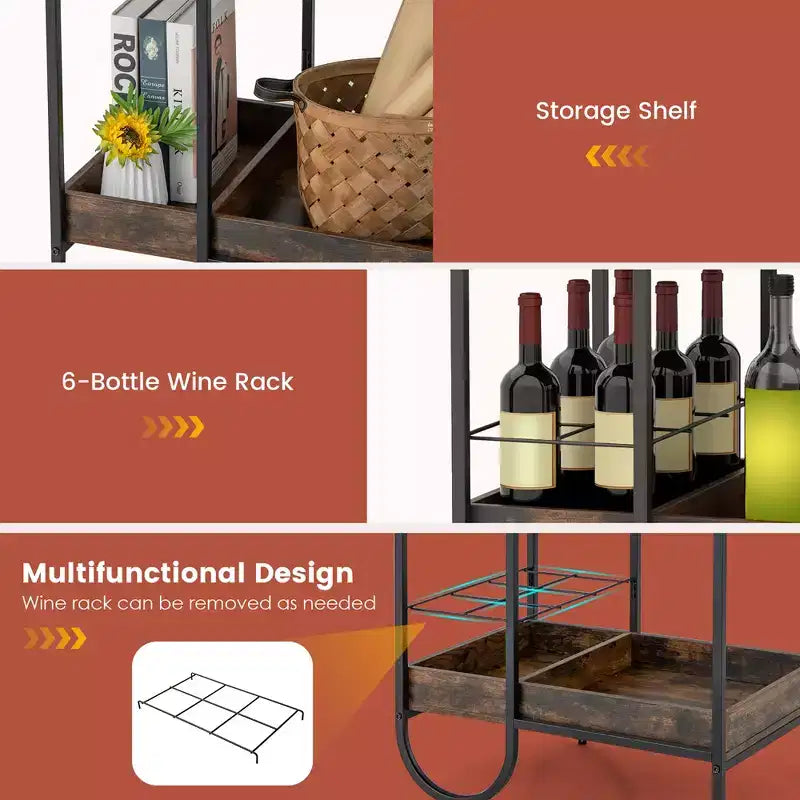 Desserte industrielle à roulettes avec casier à vin amovible – Marron rustique