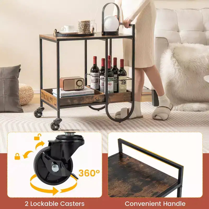 Desserte industrielle à roulettes avec casier à vin amovible – Marron rustique