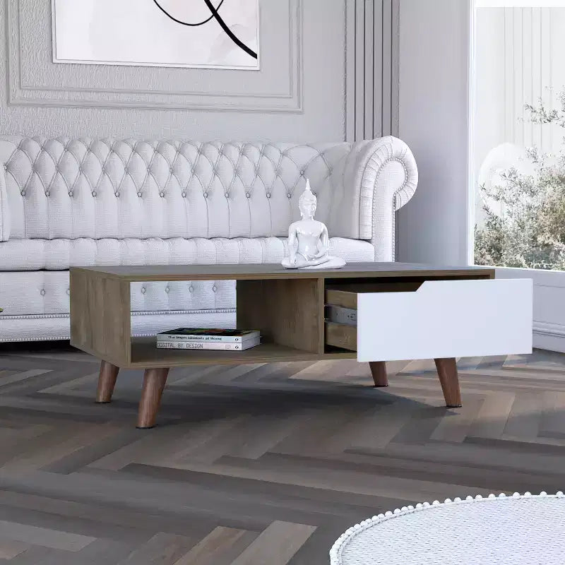 Table basse rectangulaire Lecce avec tiroir et étagère ouverte
