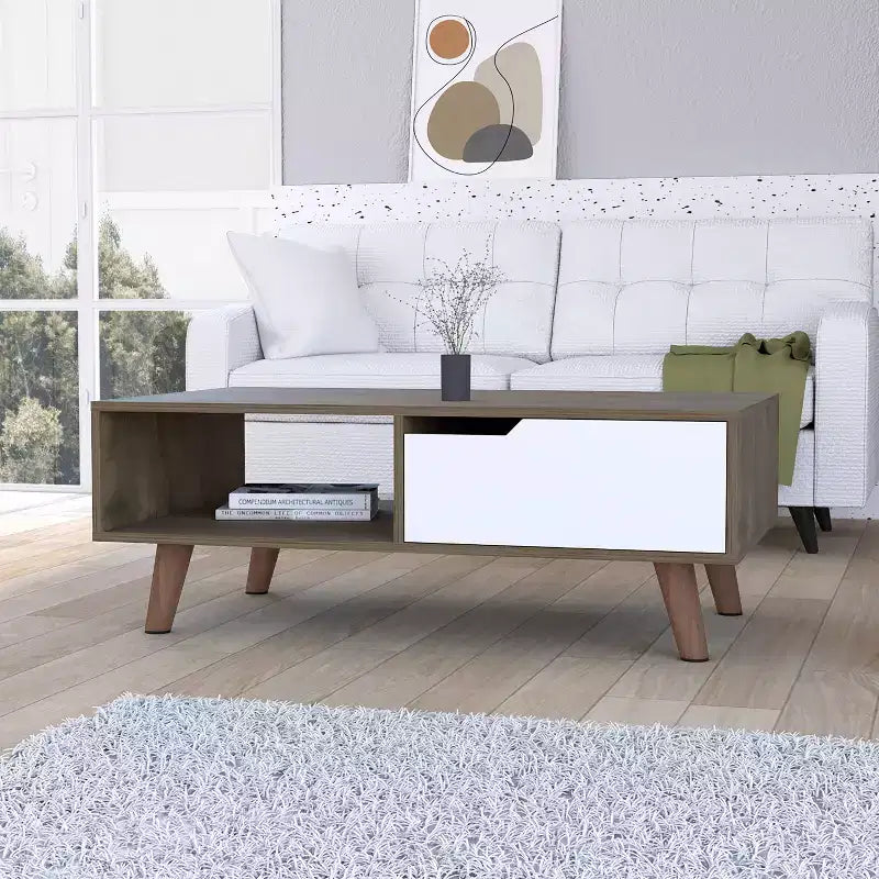 Table basse rectangulaire Lecce avec tiroir et étagère ouverte