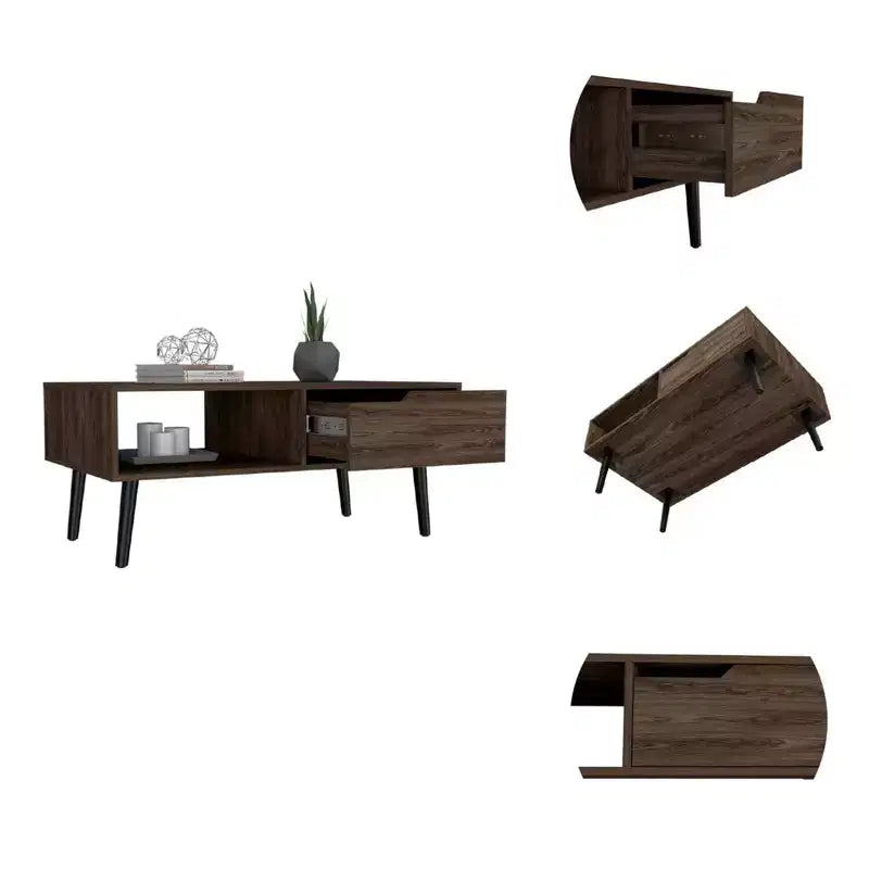 Table basse rectangulaire Lecce avec tiroir et étagère ouverte