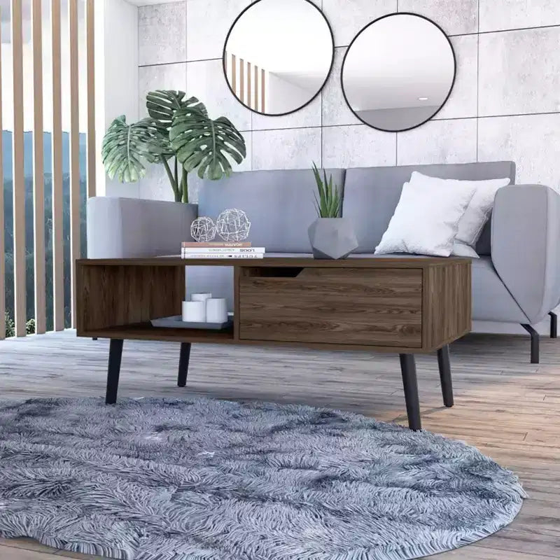 Table basse rectangulaire Lecce avec tiroir et étagère ouverte