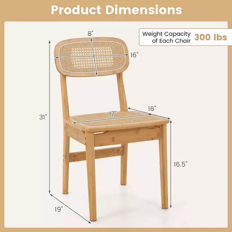 Lot de 2 chaises de salle à manger d'appoint en rotin – Tressage bambou et canne