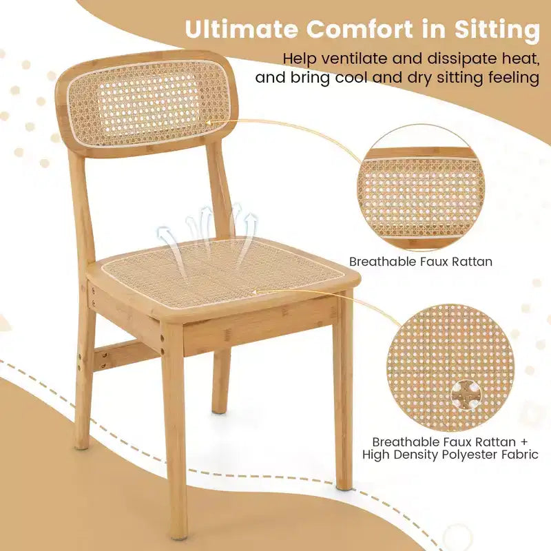 Lot de 2 chaises de salle à manger d'appoint en rotin – Tressage bambou et canne