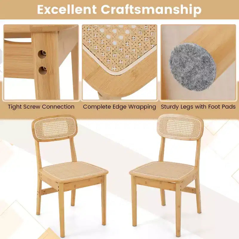 Lot de 2 chaises de salle à manger d'appoint en rotin – Tressage bambou et canne