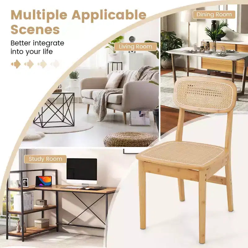 Lot de 2 chaises de salle à manger d'appoint en rotin – Tressage bambou et canne